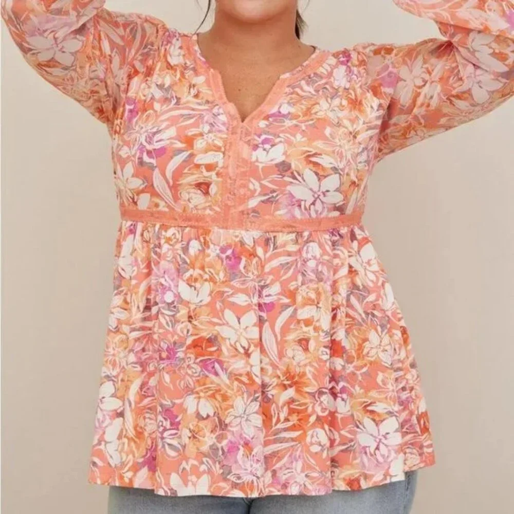 Torrid Babydoll Floral Top Coral | V-Neck Sheer Balloon Sleeve | Plus Size 2/2X - Picture 3 of 11